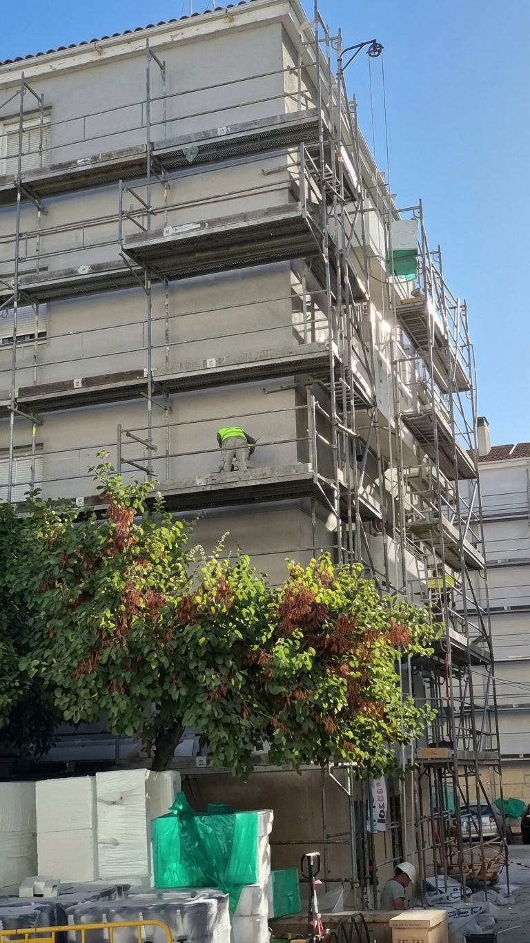 Fachada de Las Protegidas en Jaén con andamios durante la colocación del SATE de poliestireno expandido